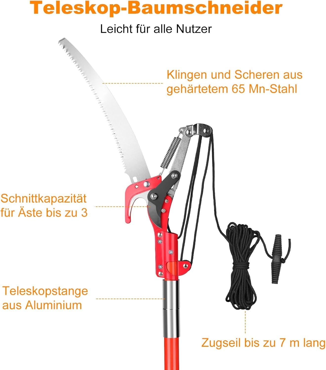 Coupe-Branches Télescopique 2-en-1 9m Perche en Fibre de Verre, Élagueur Professionnel avec Scie Acier 65Mn (∅10cm) et Sécateur à Poulie - Taille Arbres Fruitiers & Jardin