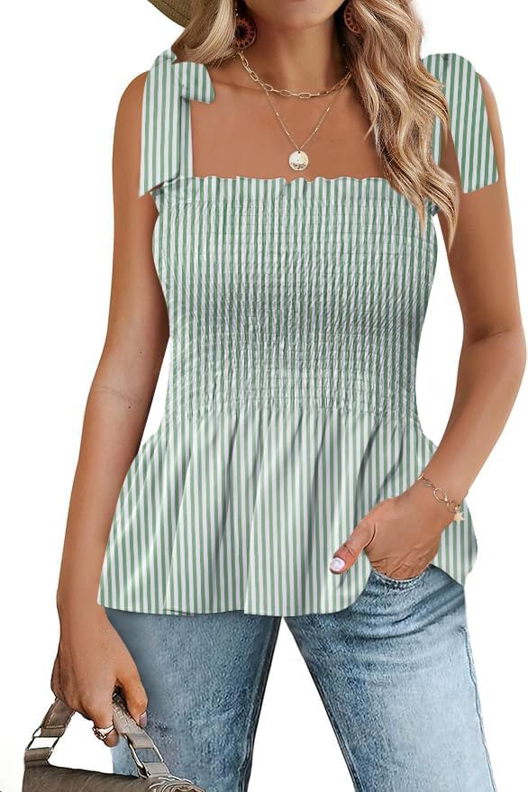 Micoson Ruffle Tank Tops for Women Summer Square Neck Sleeveless Tops Tie Shoulder Chiffon Blouse Babydoll Shirts