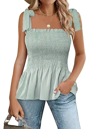 Micoson Ruffle Tank Tops for Women Summer Square Neck Sleeveless Tops Tie Shoulder Chiffon Blouse Babydoll Shirts
