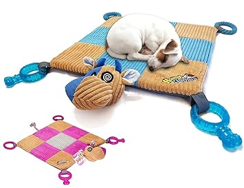 HOUNDGAMES Puppy Toy Mat with Teething Chew Toys (20? x 20?) - Ropes, Squeaker Nose, Plush Padded Sleeping Mat ? Durable and Machine Washable - Comfort and Fun, All-in-One