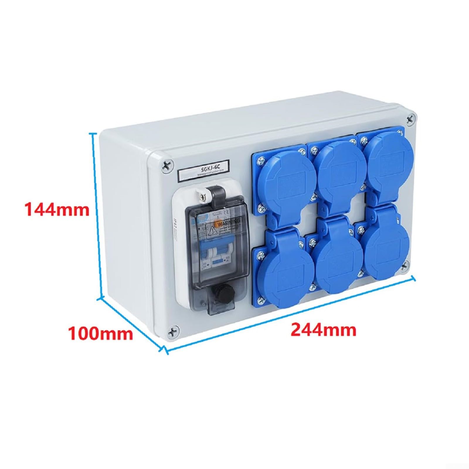 Distribuidor de pared IP54 de 6 vías con interruptor FI, 1P+N, 250 V/16 A, carcasa ABS, para taller, garaje y exteriores