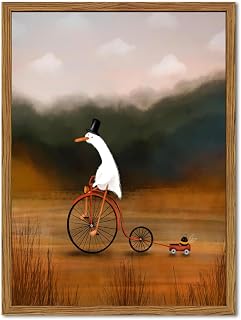 Framed Whimsical Goose Wall Art, Funny Nursery Goose Riding Bicycle Pictures Wall Decor, Vintage Cute Surreal Animal Paintings Canvas Prints Cottagecore Home Decor for Living Room Kids Bedroom 16x24in