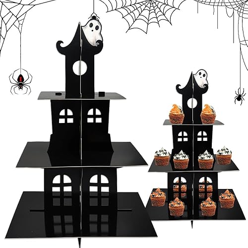 Miniatura 1 de Soporte para cupcakes de Halloween para fiesta de mesa de postre, 3 neumáticos, castillo negro, torre de magdalenas fantasmas para regalos de fiesta