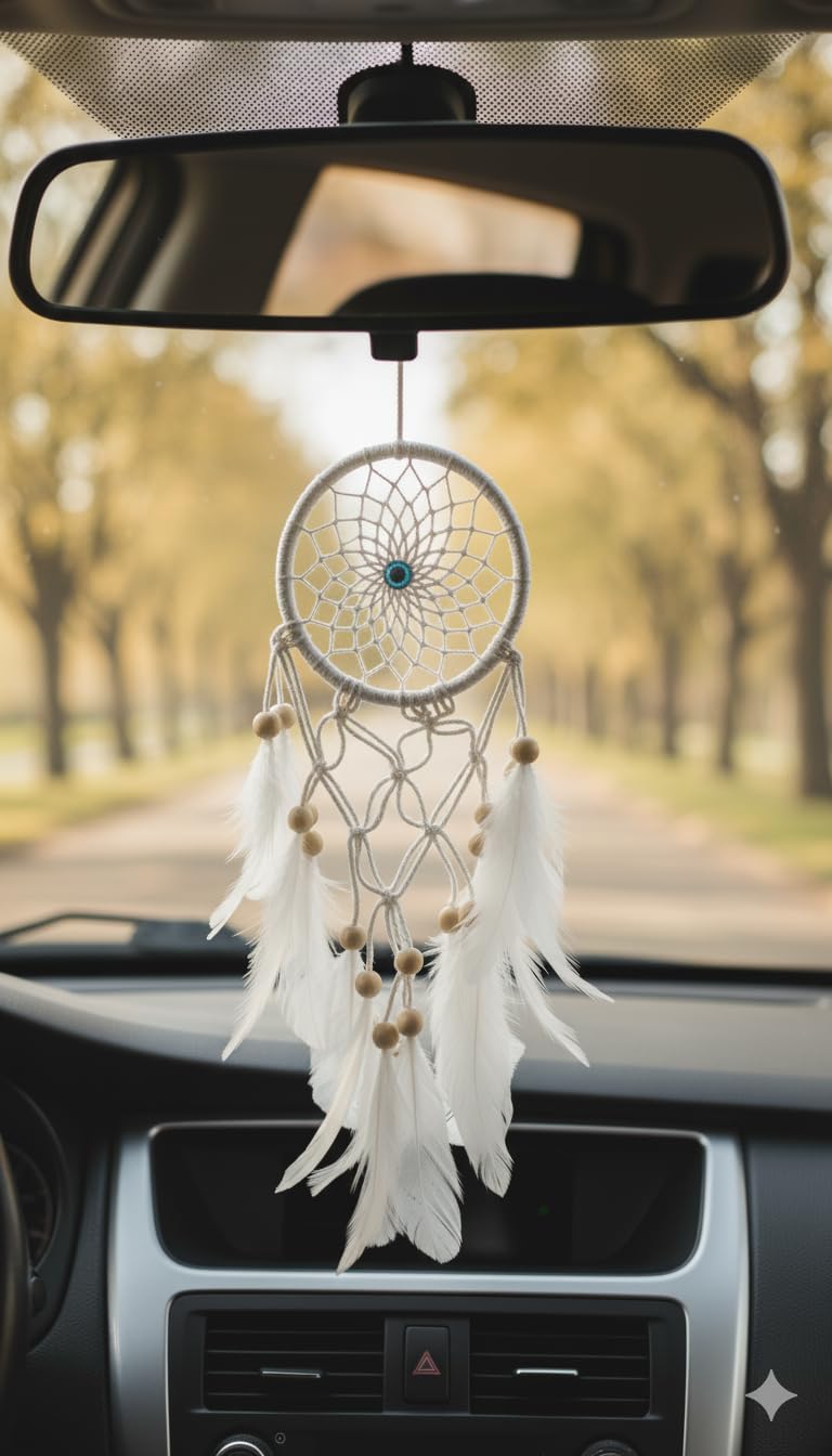 Handmade White Dream Catcher Hanging | Rear View Mirror Car Hanging & Home Wall Decor with Wooden Beads | Boho Lucky Charm, Evil Eye Protector | Car Interior & Room Decoration-image-9