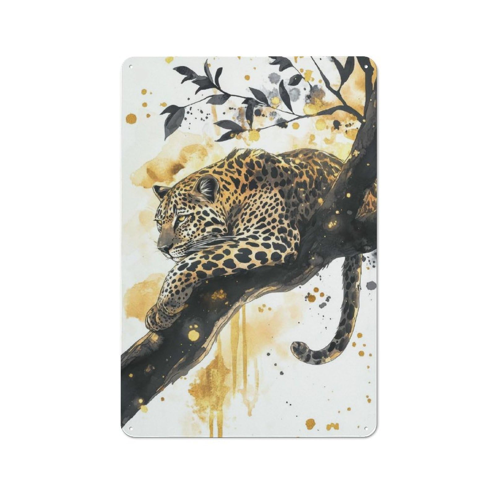 Golden Leopard Watercolor Metal Wall Sign 30x20cm, Vintage Home Bar Decor for Pub, Home Bar, Shed Or Man Cave