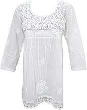 Mogul Interior Women's Tunic Blouse White Floral Gypsy Casual Embroidered Top S