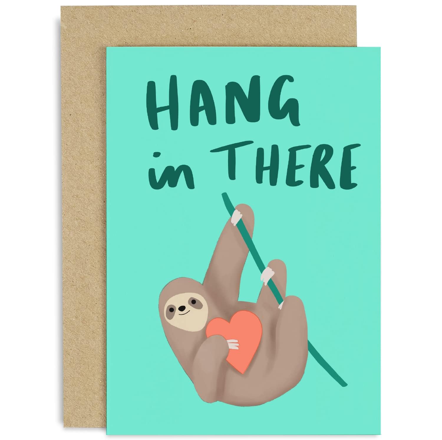 Old English Co. Cute Thinking Of You Card - 'Hang In There' Sloth Greeting Card for Friends Family - Sorry Card, Feel Better, Bad News, Get Well,