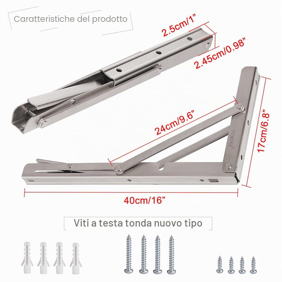 YUMORE Staffe Pieghevoli per Mensole 400mm,YUMORE Reggimensola Pieghevole Inox Supporti per Mensole Pesanti Tavolo da Parete Salvaspazio fai-da-te Staffe Triangolari, Carico Massimo 150kg, [2 Pezzi]