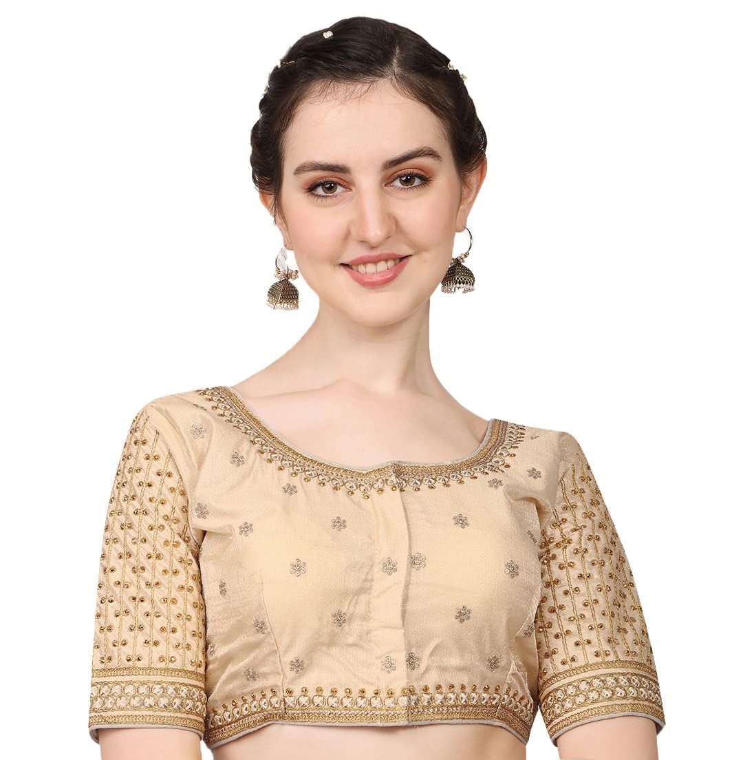 Pujia Mills Women's Cobra Silk Embroidery Coding Stone Work Half Sleeve Saree Blouse