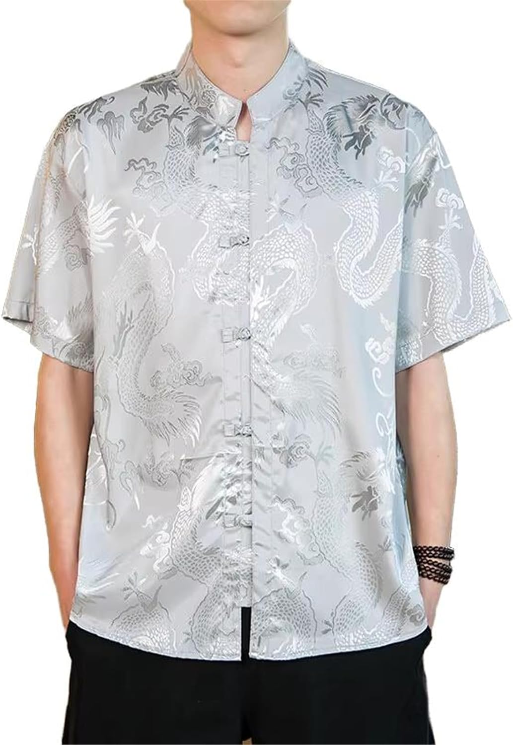 Men's Chinese Style Short Sleeved Shirt Casual Tang Suit Retro Kungfu Stand-Up Collar Casual T-Shirt Tops