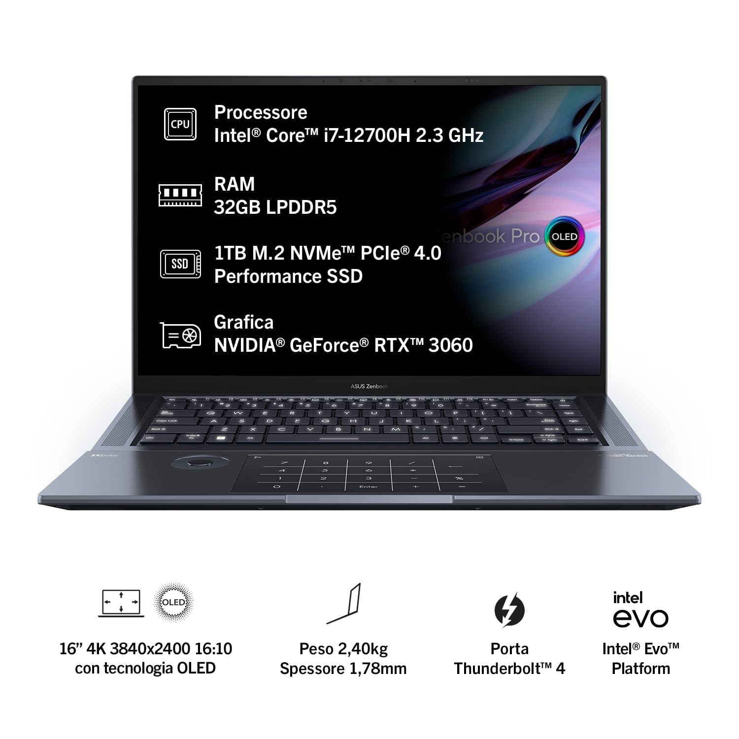 ASUS Zenbook Pro 16X OLED UX7602ZM#B0BSH38RB7, Notebook alluminio, Monitor Touch 16" OLED Glossy, Intel Core 12ma gen i7-12700H, RAM 32GB, 1TB SSD, NVIDIA GeForce RTX 3060 6GB GDDR6, Win 11 Home, Nero