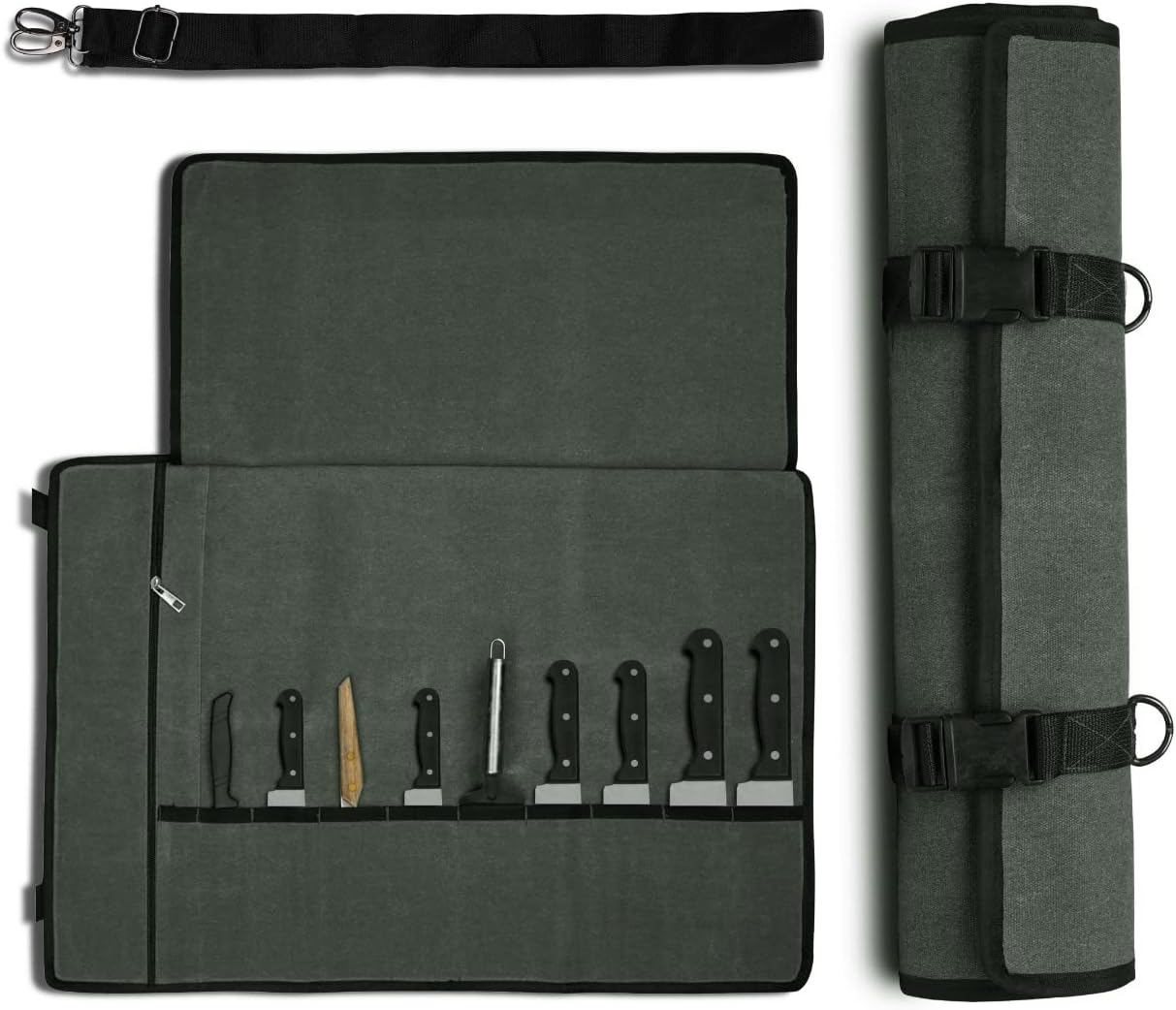 Zuperia Chef’s Knife Roll Bag, Waxed Canvas Knife Cultery Carrier, Portable Chef Knife Cases, Knife Pouch Holders-10 Slots & 1 Zipper Pocket- Hold Home Kitchen Knife Tools Up To 18.8” (Grey): Home & Kitchen