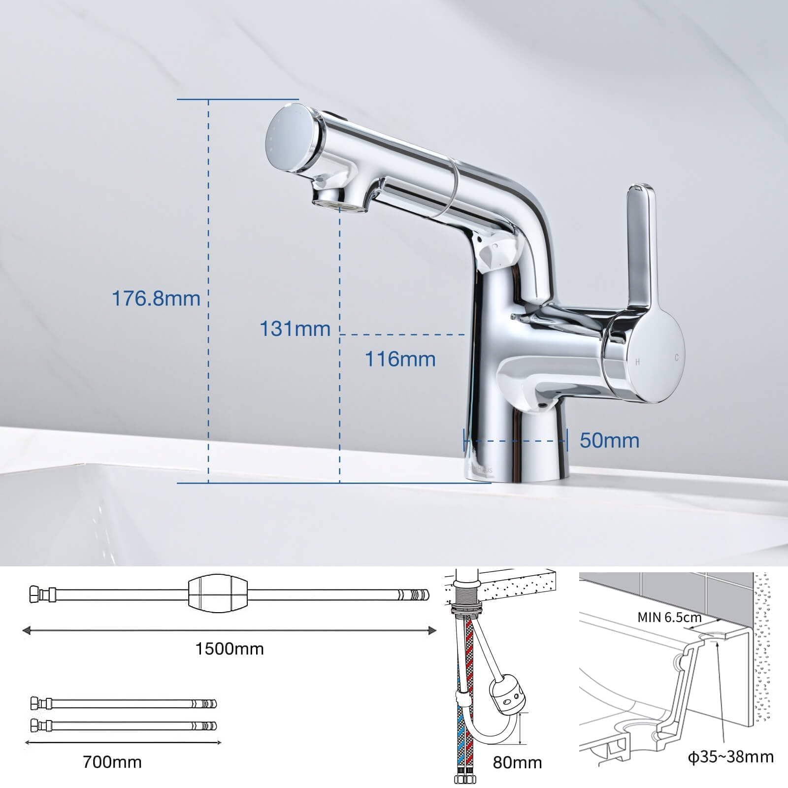 Rubinetto Bagno Lavabo con Doccetta Estraibile, Miscelatore Lavabo Bagno, Rubinetti Monocomando con 3 Modalità, Aeratore Rimovibile, Senza Piombo, Acqua Calda e Fredda, Moderno Cromato