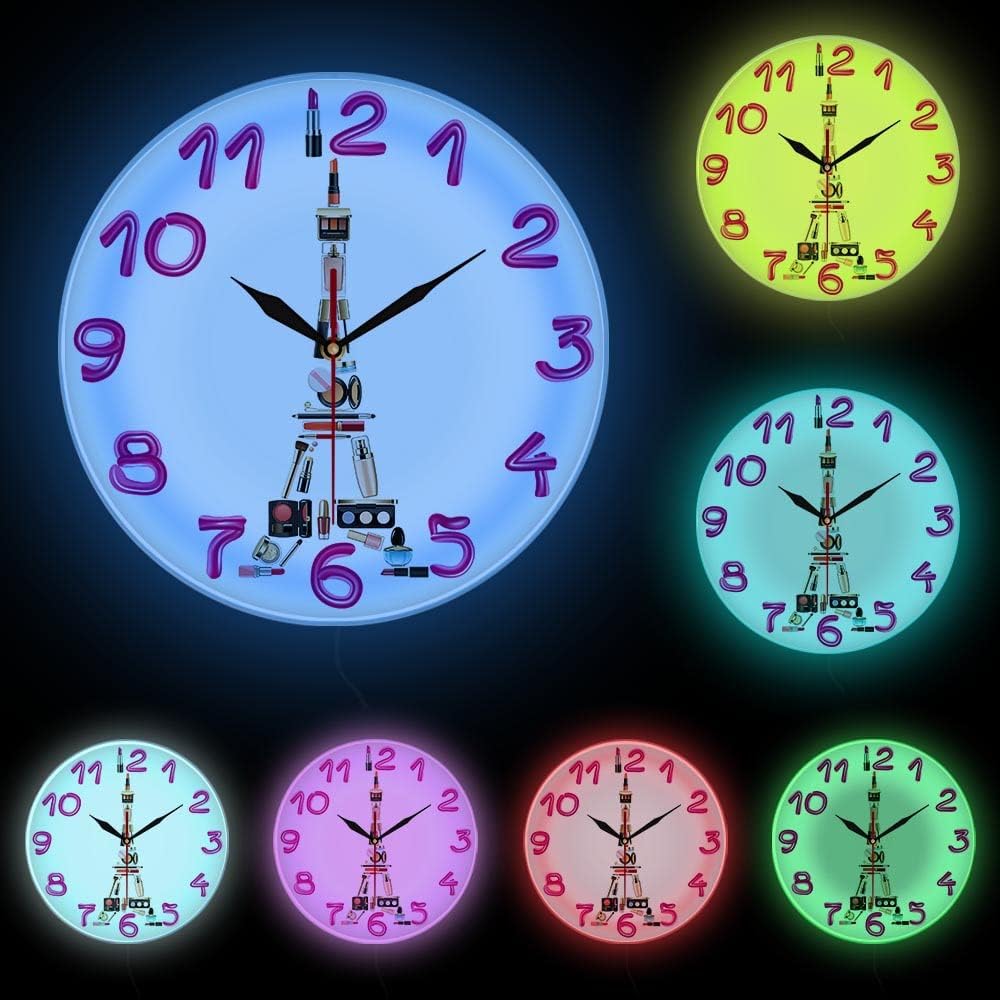 Geek Alerts Paris Cosmetic Concept Contemporary LED Silent Quartz Wall Clock with Multi Color, 12inch Acrylic Frame Eiffel Tower Girl Room Make up Fashion Hanging Watch Living Room Decor