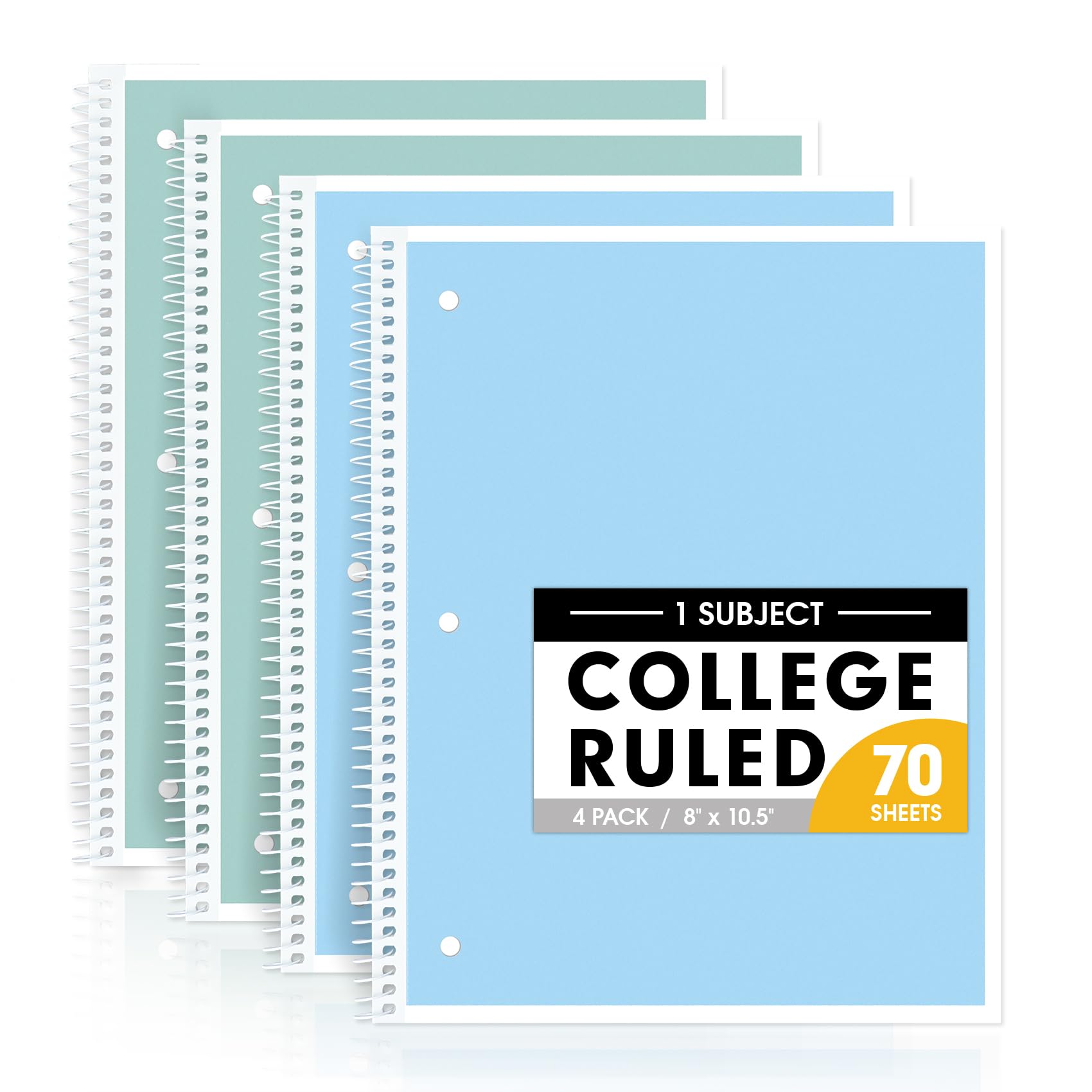 Taja Spiral Notebooks College Ruled, 4 Pack, 8" x 10-1/2", 140 Pages (70 Sheets), 3-Hole Punched Paper, Assorted Pastel Colors, 1-Subject Notebooks for School, Office, and Home Writing, Blue & Green