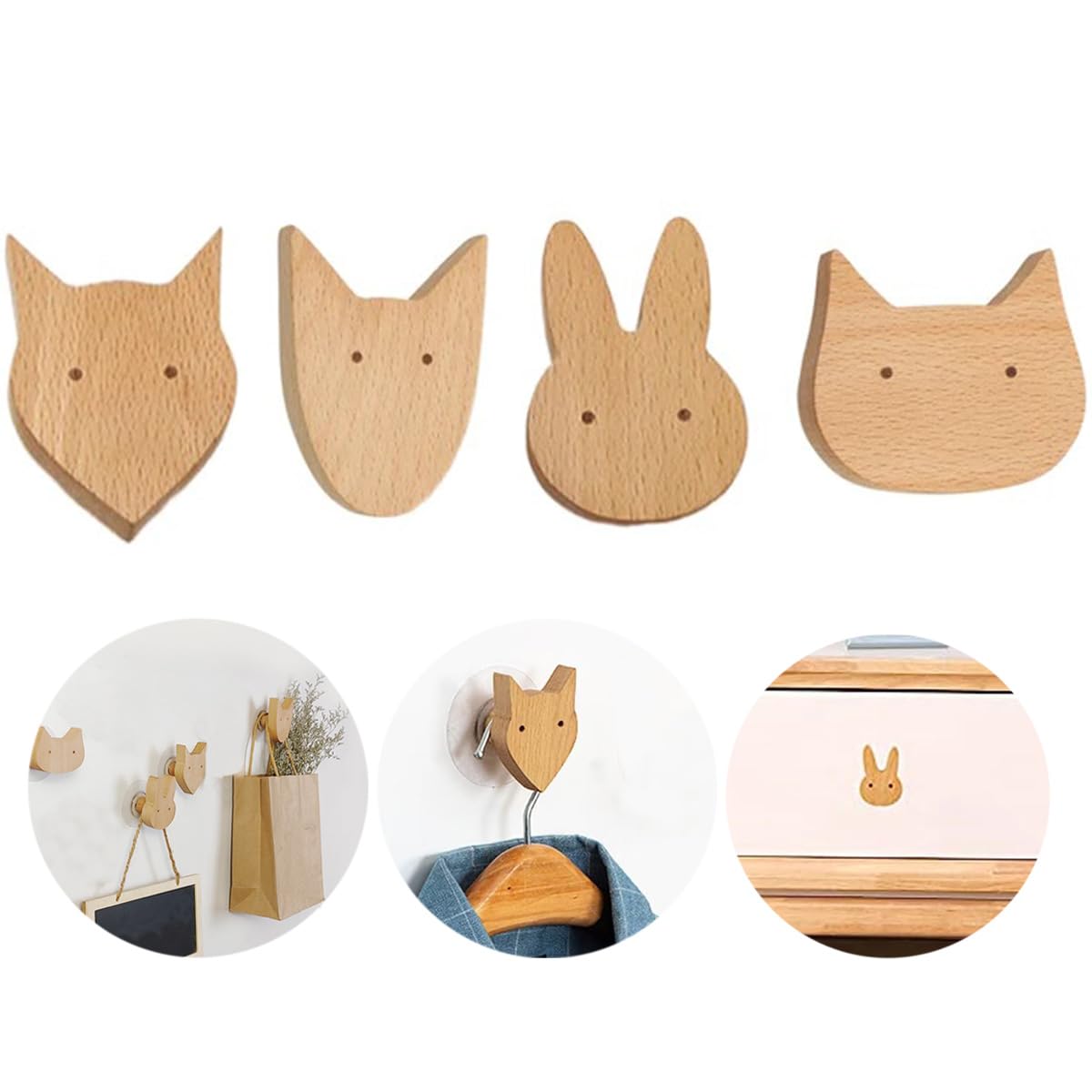 Set di 4 ganci appendiabiti da parete in legno, mollette per porta vestiti, pomelli per armadi e cassetti, decorazione per mobili della cameretta dei bambini (animali carini)