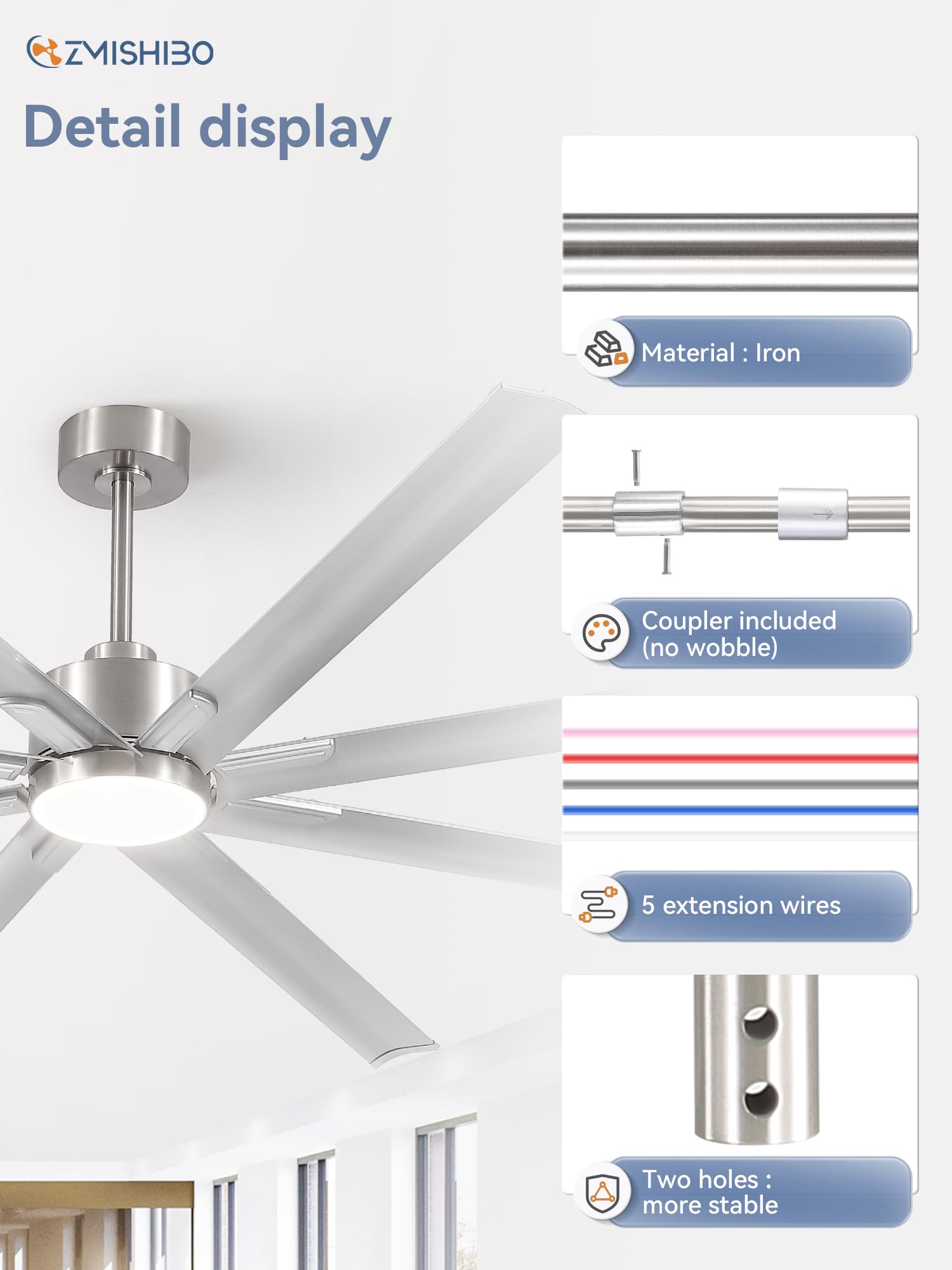 ZMISHIBO 36 Inch Ceiling Fan Downrod With Wires - 1" Diameter, Nickel Finish, Non-Threaded