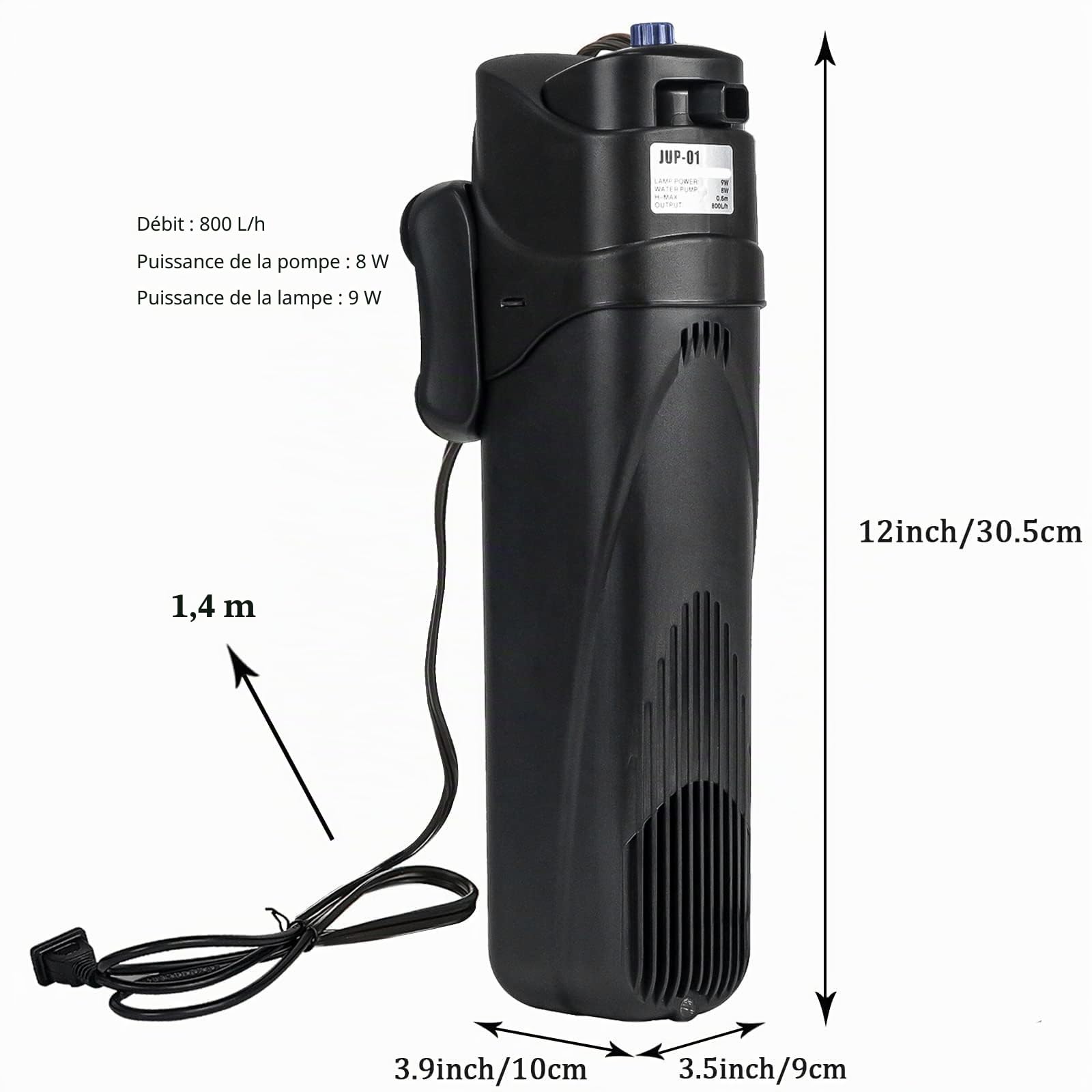 Coospider 4 en 1 U-V Aquarium Filtre JUP-01 pour 150-300L Réservoir Submersible Aquarium Filtre Pompe Greenalgue Cleaner avec 1 Ampoule de Rechange + 2 éponges de Filtre de Remplacement 800L/h 9 Watt