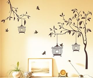 Decals Design Tree with Birds and Cages' Wall Sticker (PVC Vinyl, 30 cm x 90 cm, Brown)