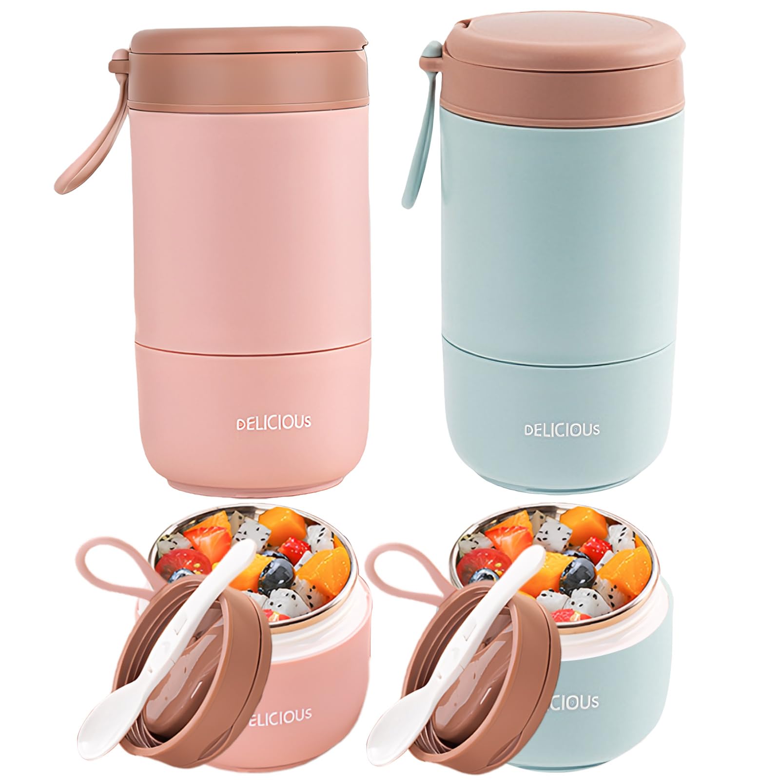 BAIFULAI 2 vasos de cereales para llevar con tapa: 730 ml, taza de avena de acero inoxidable a prueba de fugas con cuchara y tapa, taza de cereales de doble capa, perfecta para trabajo, escuela