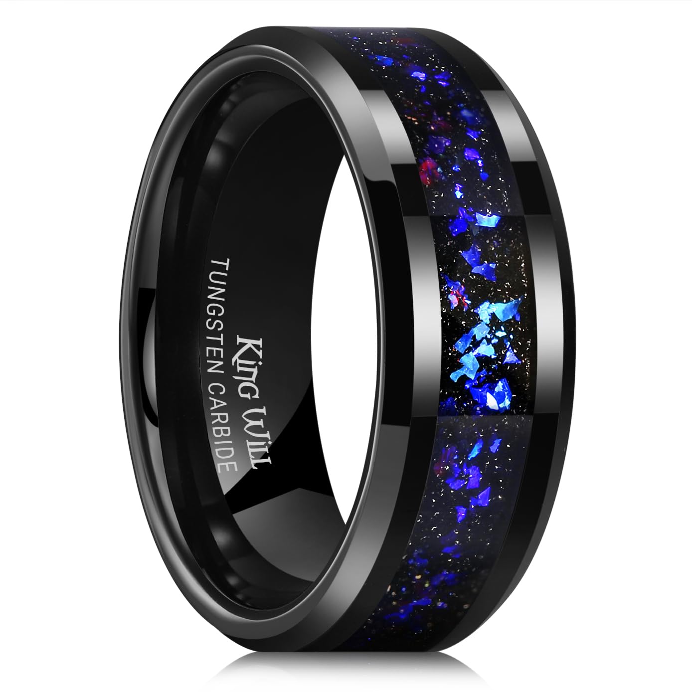 Men's 6mm 8mm Black/Silver Tungsten Carbide Wedding Ring with Blue, Red, Gold, Purple Foils/Fragment Inlay, Beveled Edge
