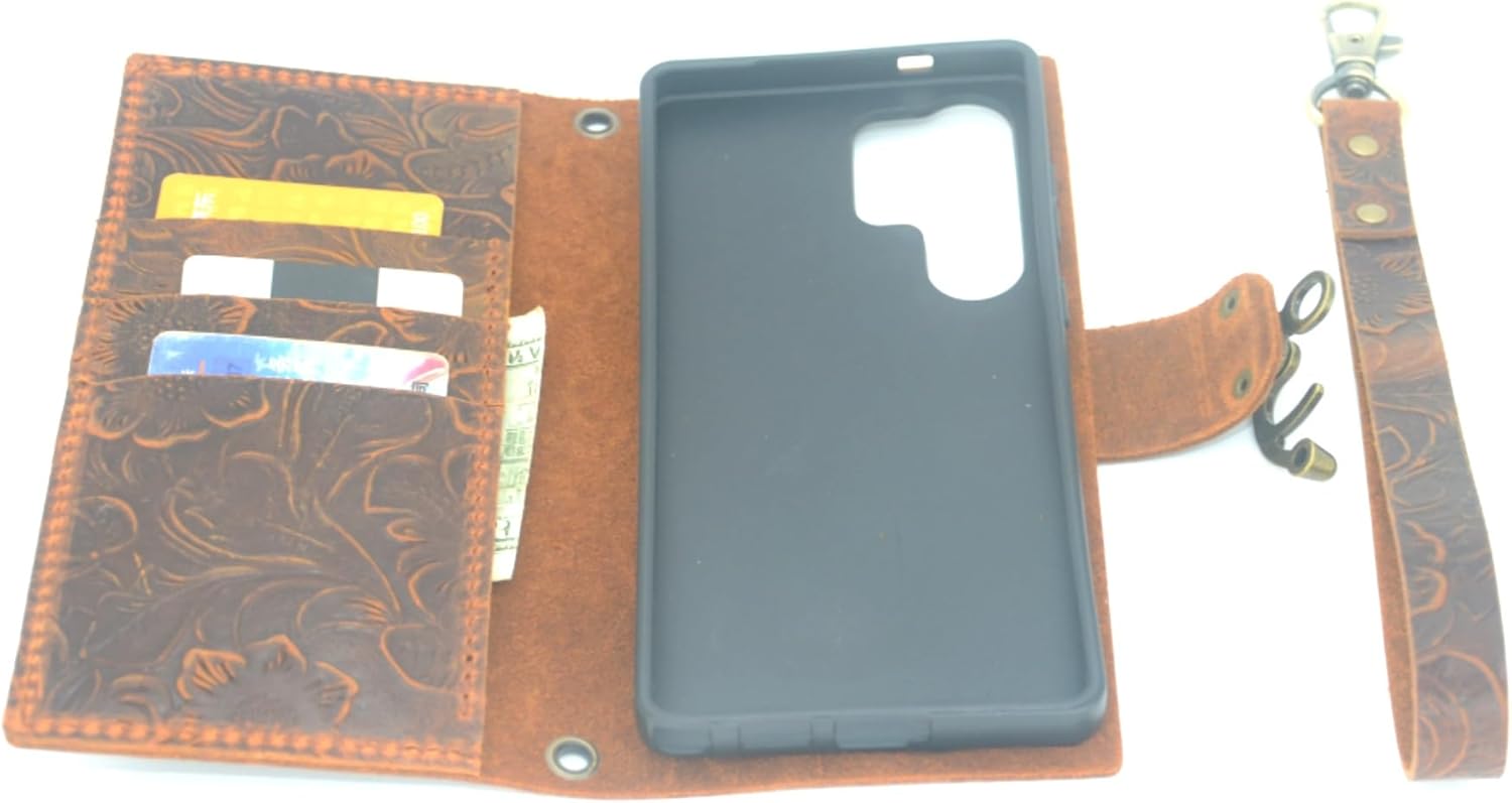 JJNUSA Case Compatible with Samsung Galaxy S25 Ultra, Handmade Genuine Distressed Leather Wallet for Galaxy S25 Ultra 5G Flip Cover Case Brown