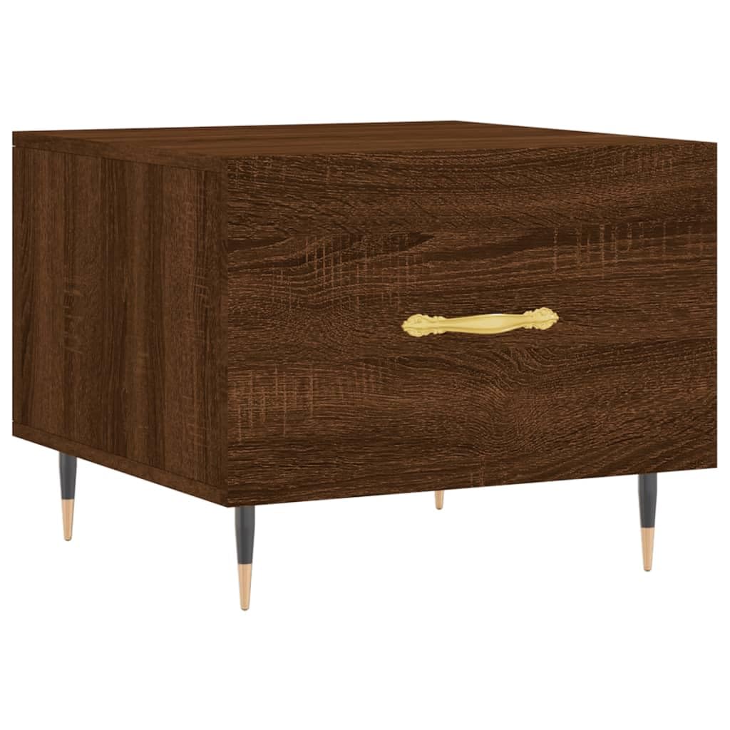 Mesa de centro marrón efecto roble 50 x 50 x 40 cm de material de madera con patas de hierro, elegante mesa auxiliar para salón, dormitorio y pasillo, tablero robusto con cajón para espacio de