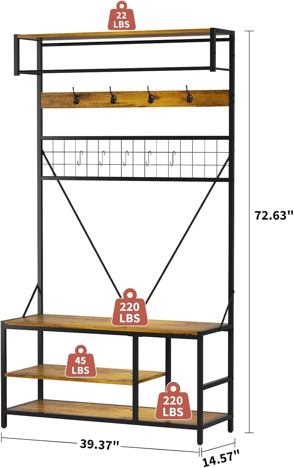 5-in-1 Hall Tree Coat Rack with Bench - Entryway Organizer with Adjustable Shoe Storage, Hanging Rod & 9 Hooks - Space-Saving Stand for Hallway or Bedroom, Charcoal Wood