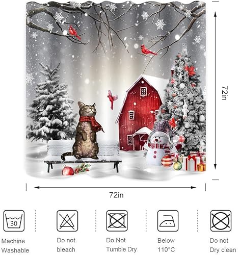 Miniatura 6 de Cortina de ducha con diseño de gato de Navidad, árbol de pino, cardenal, pájaro, muñeco de nieve, cabaña, copo de nieve, escena de vacaciones,