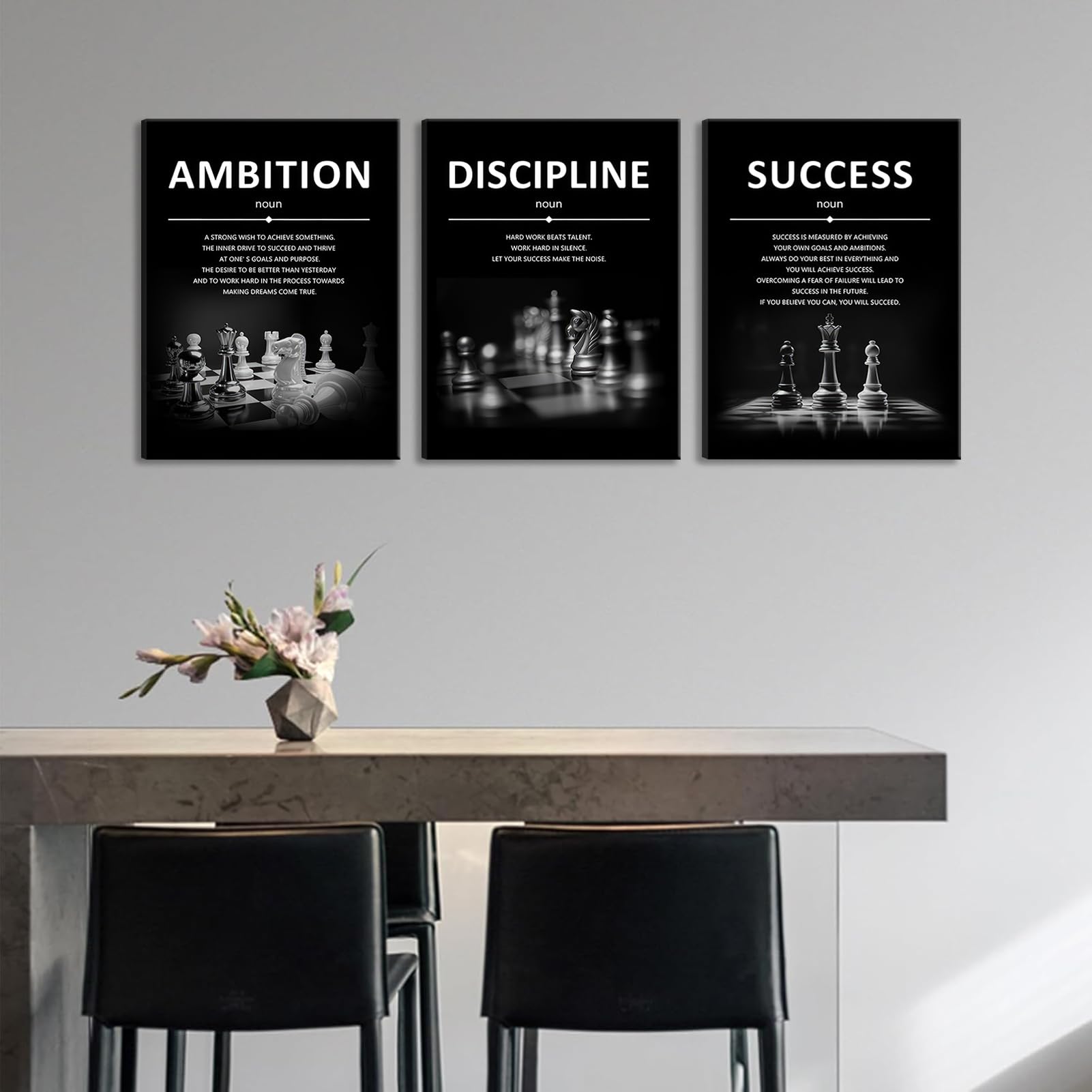 3 stampe motivazionali da parete per ufficio, su tela, con citazioni, opere d'arte, successo, ambizione, disciplina, incoraggianti, immagini per studio, palestra, decorazione per la casa, senza