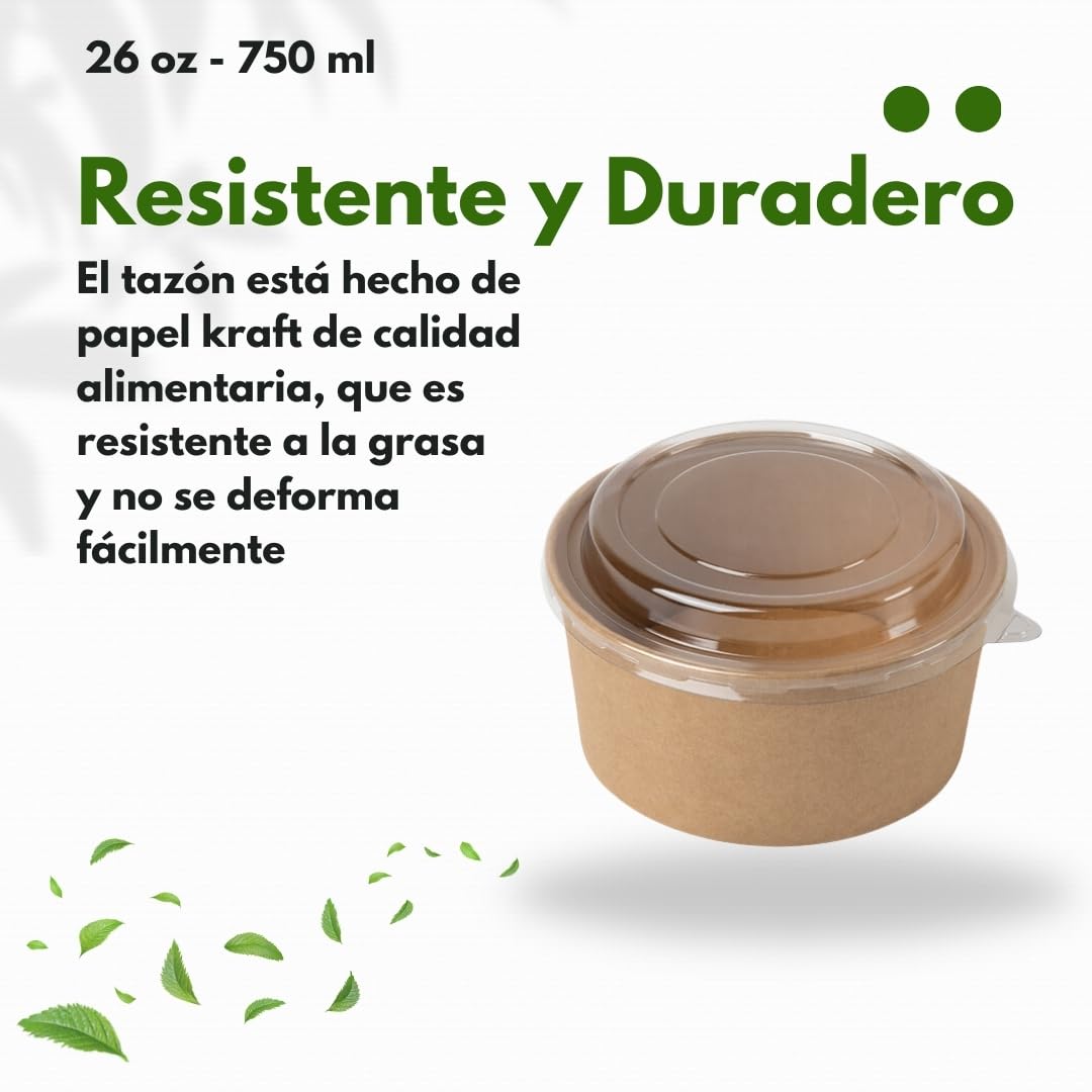 Tazón desechable de Ensalada y Sopa marrón kraft Redondo 750 ml con tapa PET