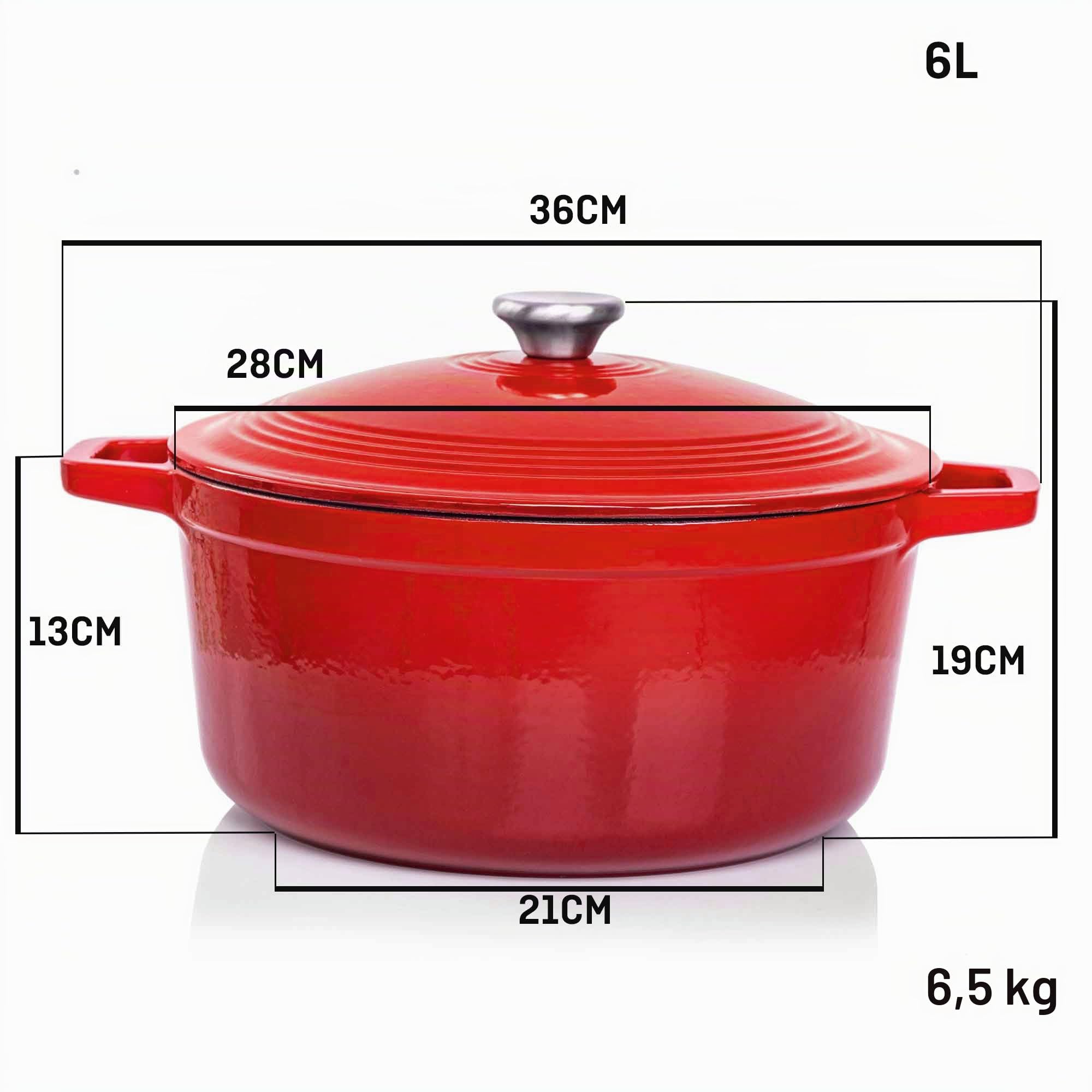 Cocotte Fonte Émaillée VeoHome Rouge 6L Ø28cm, Faitout Ultra Résistant,Marmite Compatible Induction/Gaz/Four, Cuisson Homogène, Saveurs Authentiques, Couvercle Relief