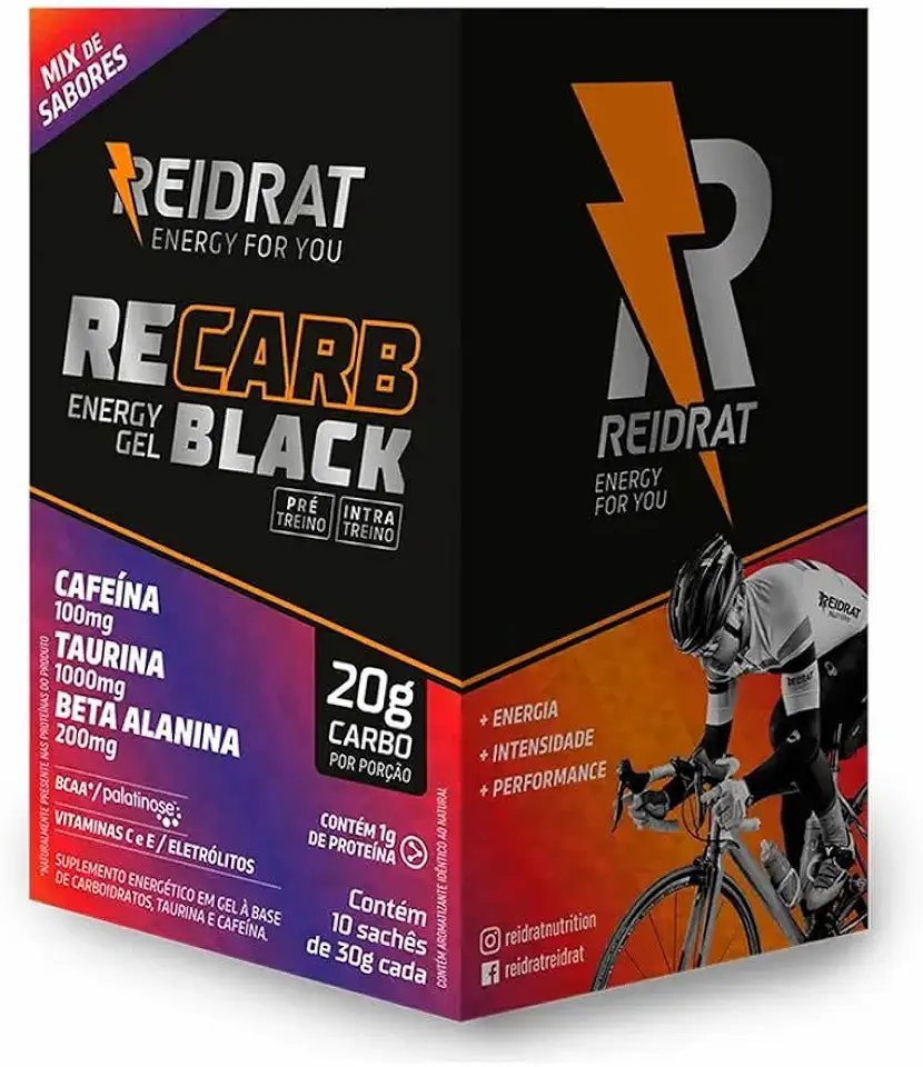 Reidrat Recarb Energy Gel Black Sabores Sortidos Caixa Com 10 Sachês De 30G (300G) Carboidrato Em Gel Bebida Energética Com Cafeína Taurina E Beta Alanina Carboidratos Eletrólitos