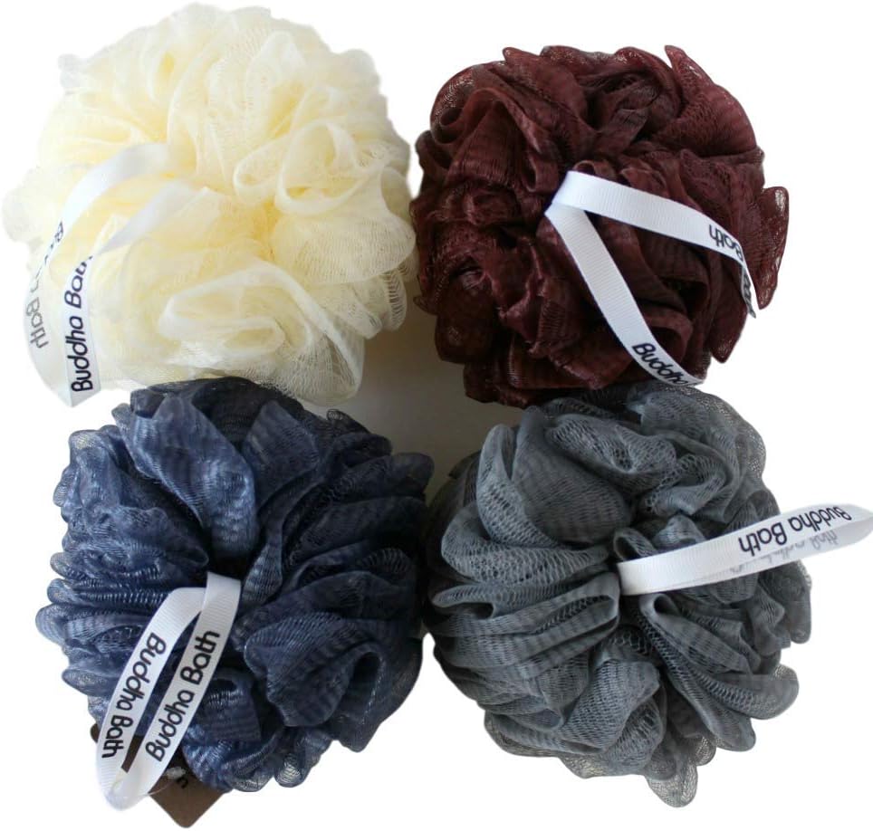 Buddha Bath Luxury Eco-Friendly Clean Mesh Bath Sponges 4 Pack Individually wrapped- Loofah - Lufa -luffa - Shower Pouf Ball - Washable- Sophisticato Color Pack