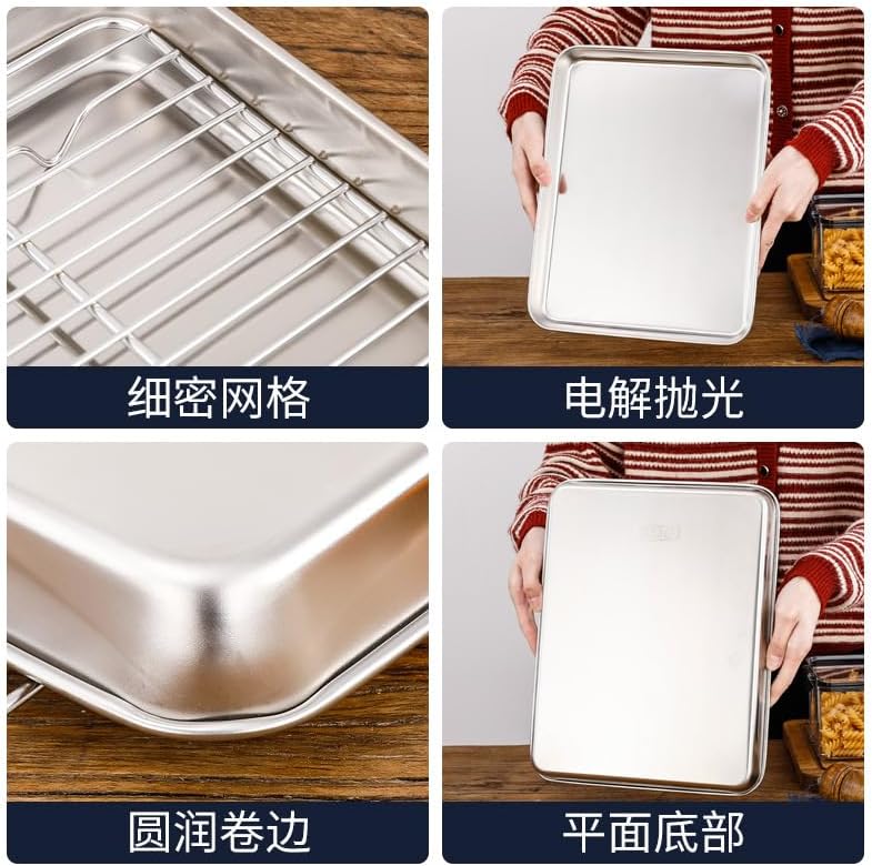 Stainless steel biscuit baking tray with metal rack, thick metal baking tray, jelly reel with cooling rack, suitable for oven baking, non-stick and dishwasher safe (41.2cm×30.8cm×3cm)
