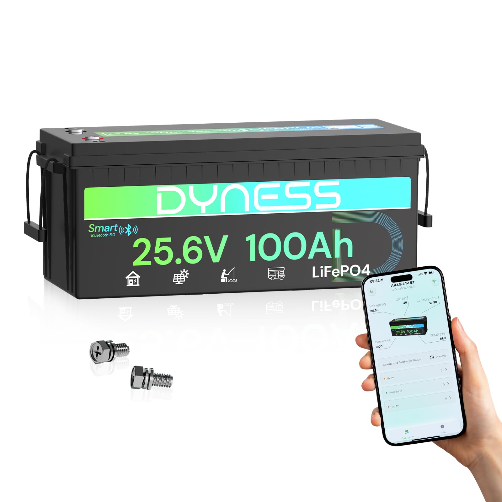 Dyness 24V 100Ah Bluetooth LiFePO4 Lithium Battery for Trolling Motor, RV