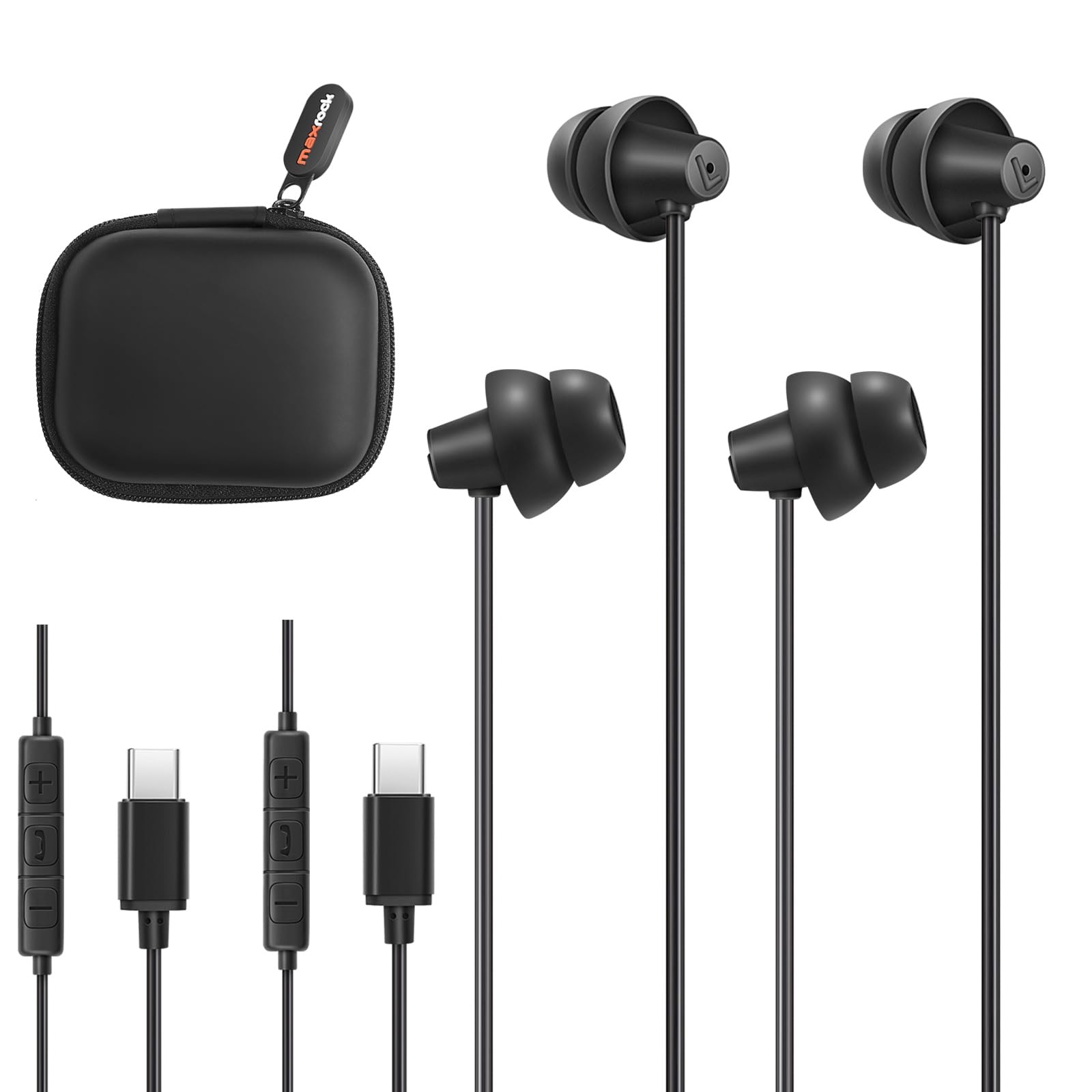 MAXROCK 2PCS sleep wired Headphones with USB-C Plug, Wired Ear Buds or sleeping earphones with Built-in Remote to Control Music, Phone Calls, and Volume for iphone15, Samsung android phones