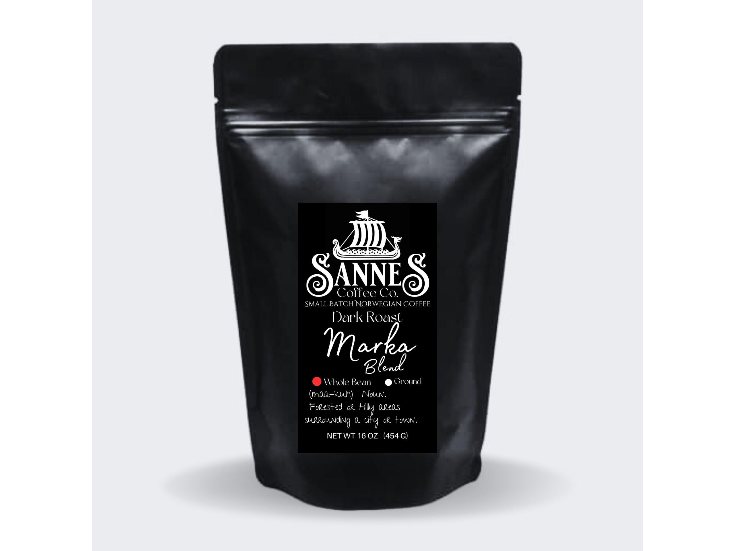 Sannes Coffee Co. Norwegian Coffee-Marka Blend Dark Roast Coffee-Smooth Never Bitter-Resealable Bag (Whole Bean, 16 oz)