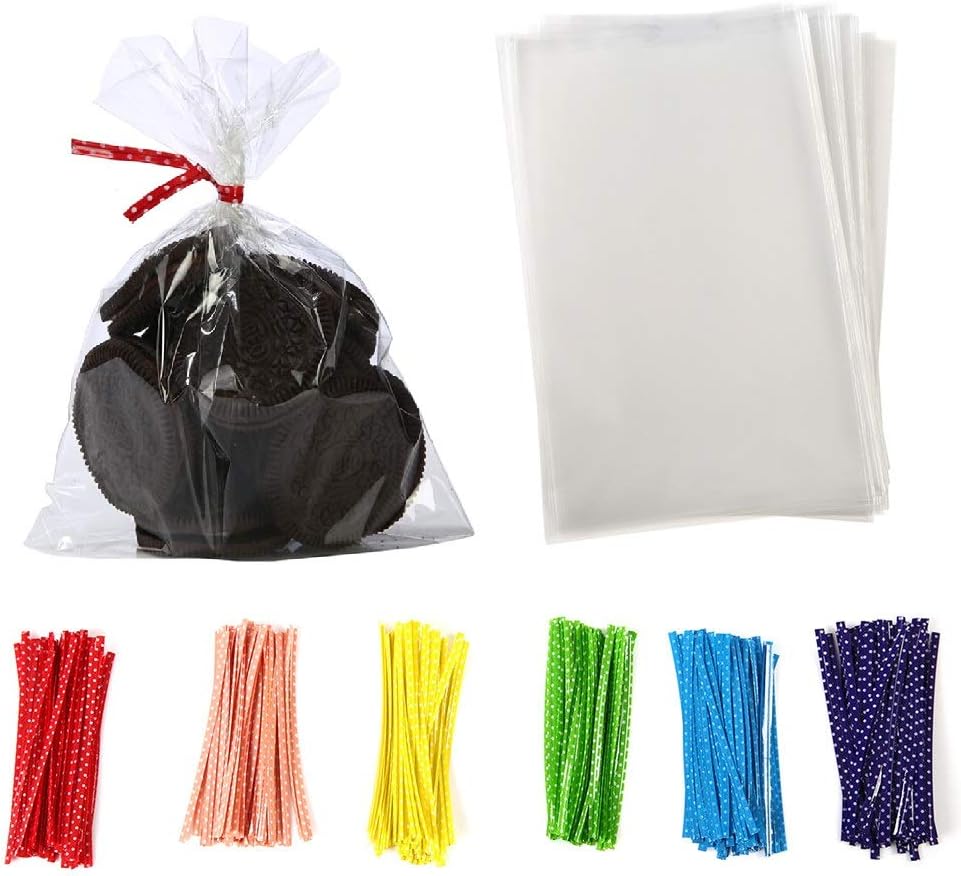 SCOBUTY || 5 in x 7 in Clear Flat Cello Cellophane Treat Bags Good for Bakery,Popcorn,Cookies,Candies,Dessert 1.2mil.Give Metallic Twist Ties, 100 Pcs, Transparent