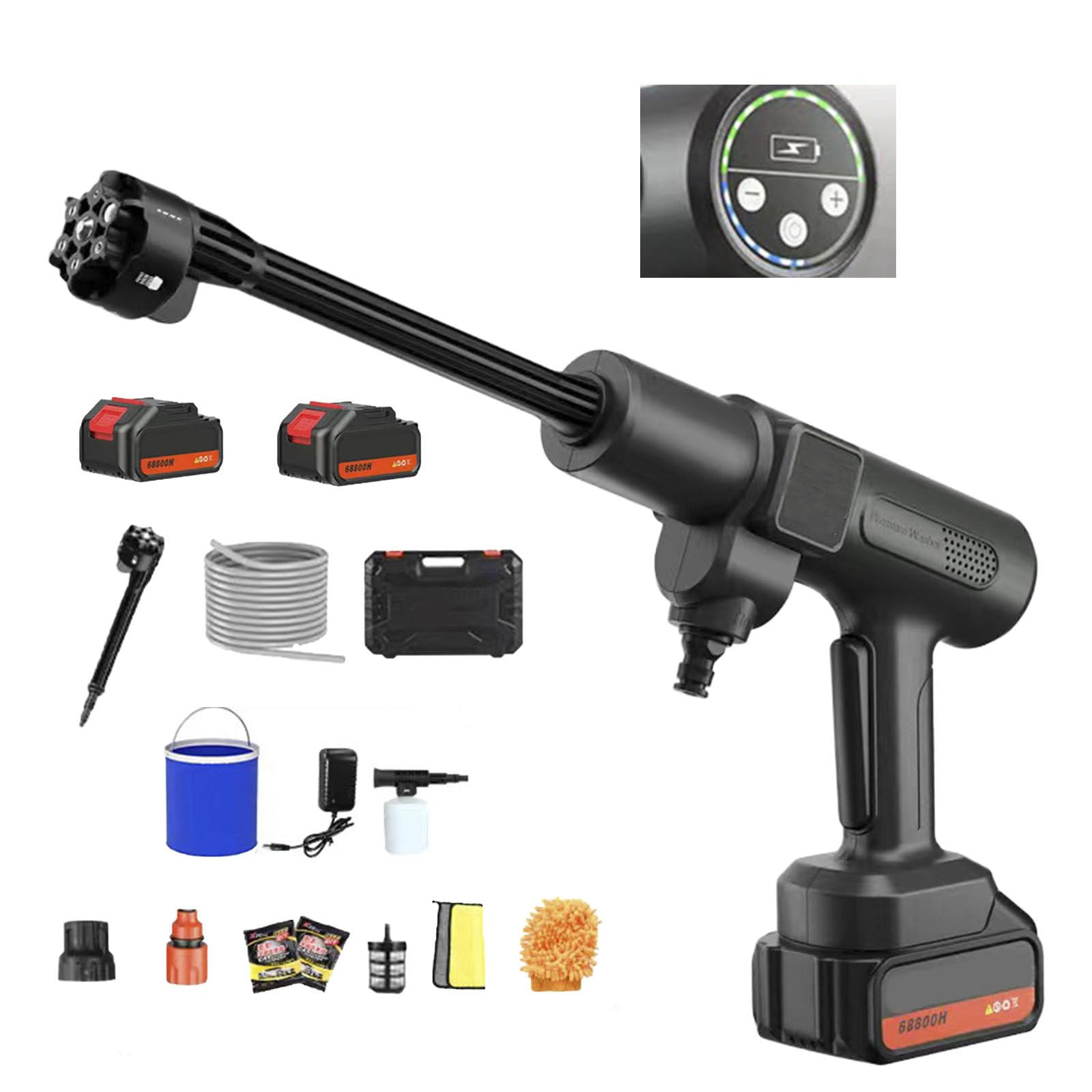 Hidrolimpiadora de Alta Presion Inalámbrica, 2 Niveles Pistola de Agua a Presión Portati, Pantalla LED, Boquilla 6 en 1, Manguera de 10M, 725 PSI Lavadora a Presión Sin Cable con 12000 mAh Baterías