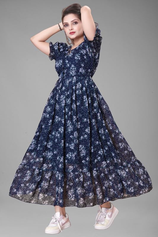 Image of Women's Printed Georgette Regular Fit Round Neck Short Sleeve Fancy Flare Long Dress