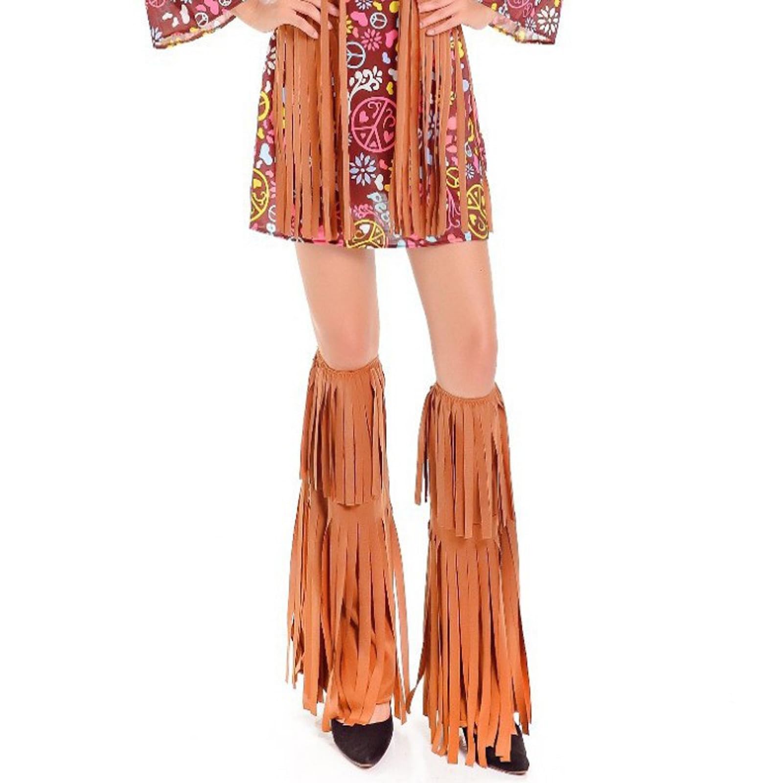 Adult Tan Fringe Hippie Boot Covers Fancy Dress Accessory 1 Pair of Cowboy Boot Covers for Women - Decorative Fringe Boot Covers to Enhance Your Style - for Festivals Parties and Everyday Wear e1