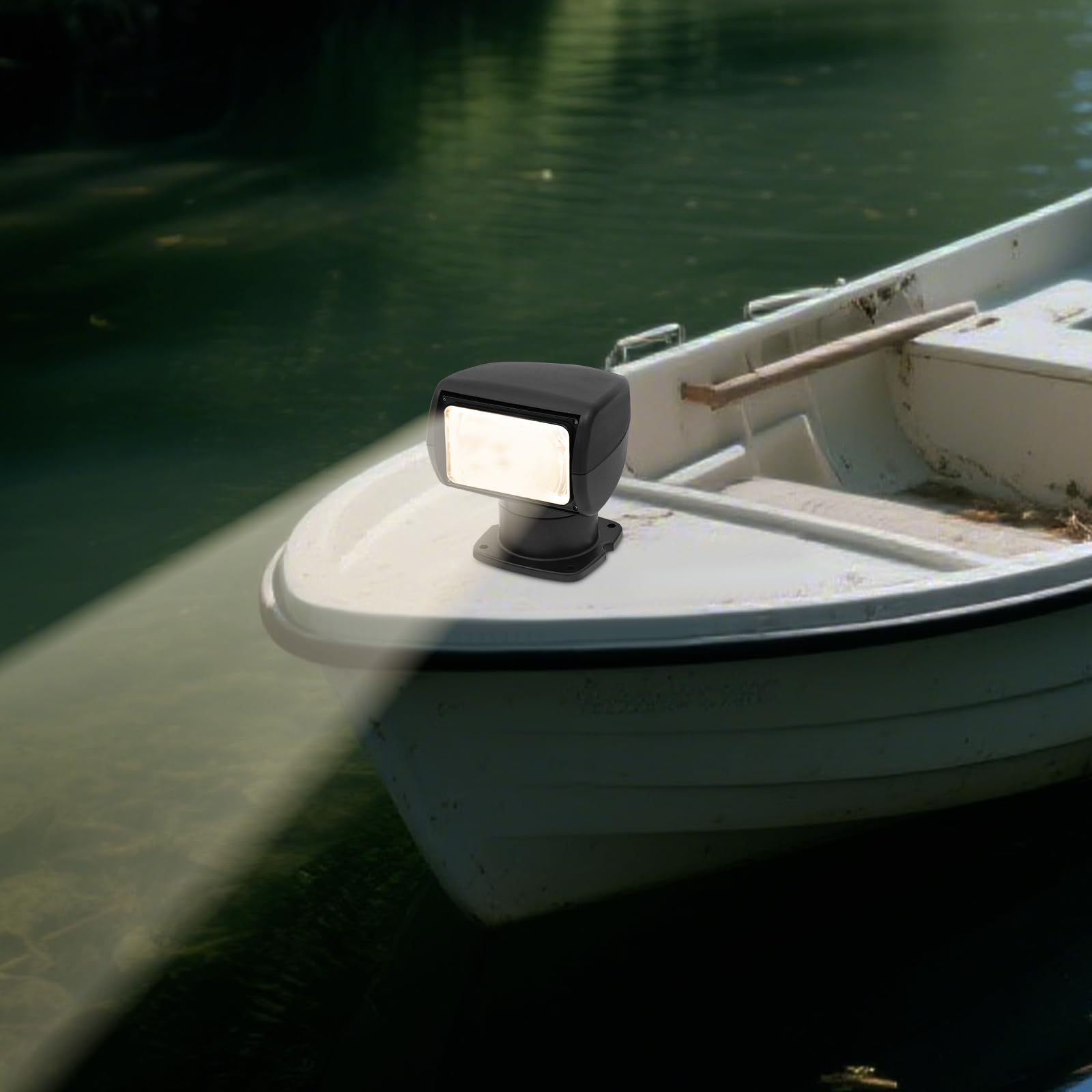 Faro barca telecomandato, per pesca e yacht, nero | Repomanda, 12 V, 100 W, 3000 lm, alogena, 4300 K, portata di 200 m, orientabile a 320°, IP65, telecomando, per yacht e barca