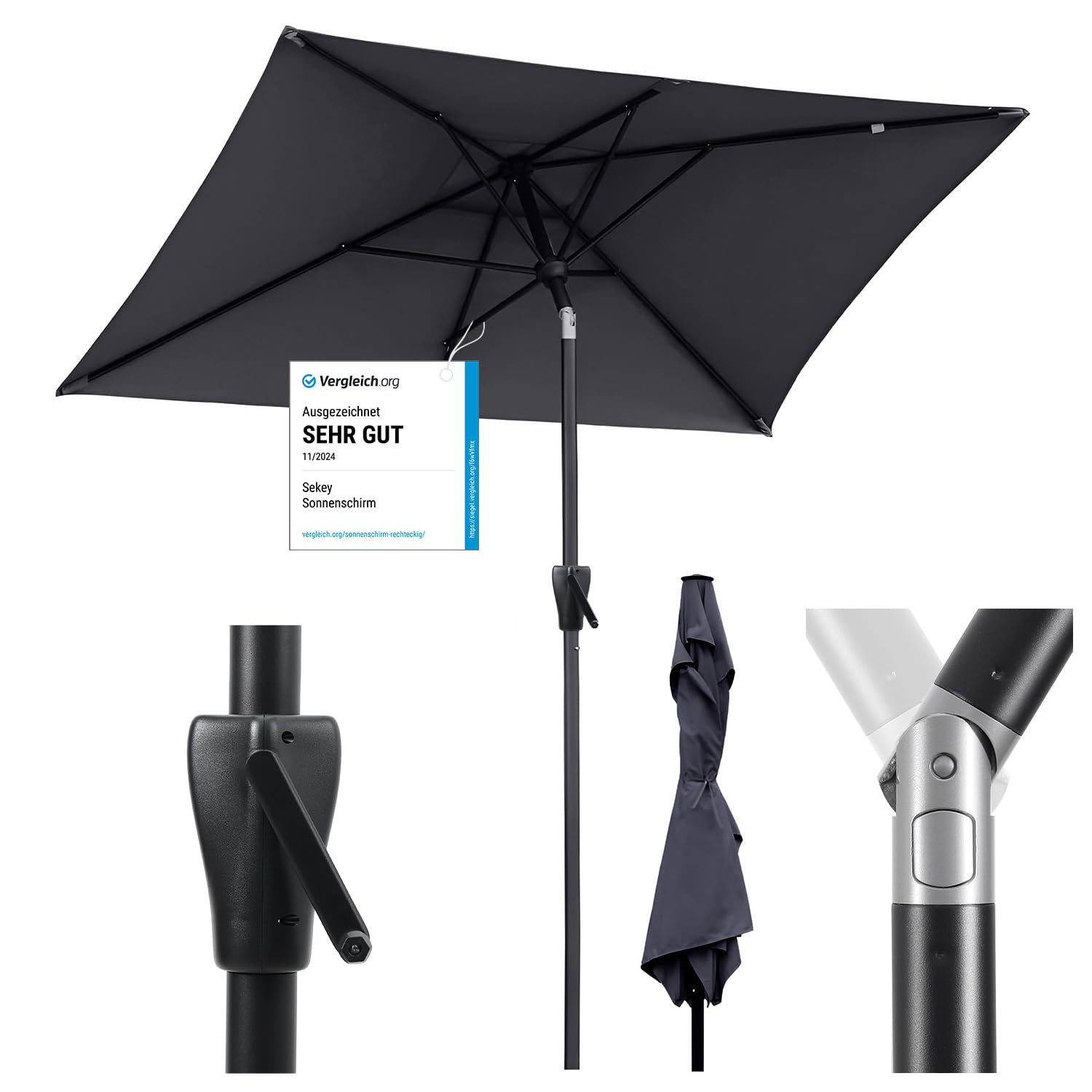 Sekey Aluminum Sonnenschirm mit Kurbel und Knicker, 210 × 140 cm Sonnenschirm Rechteckig für Balkon Garten & Terrasse Sonnenschutz UV 50+, Grau