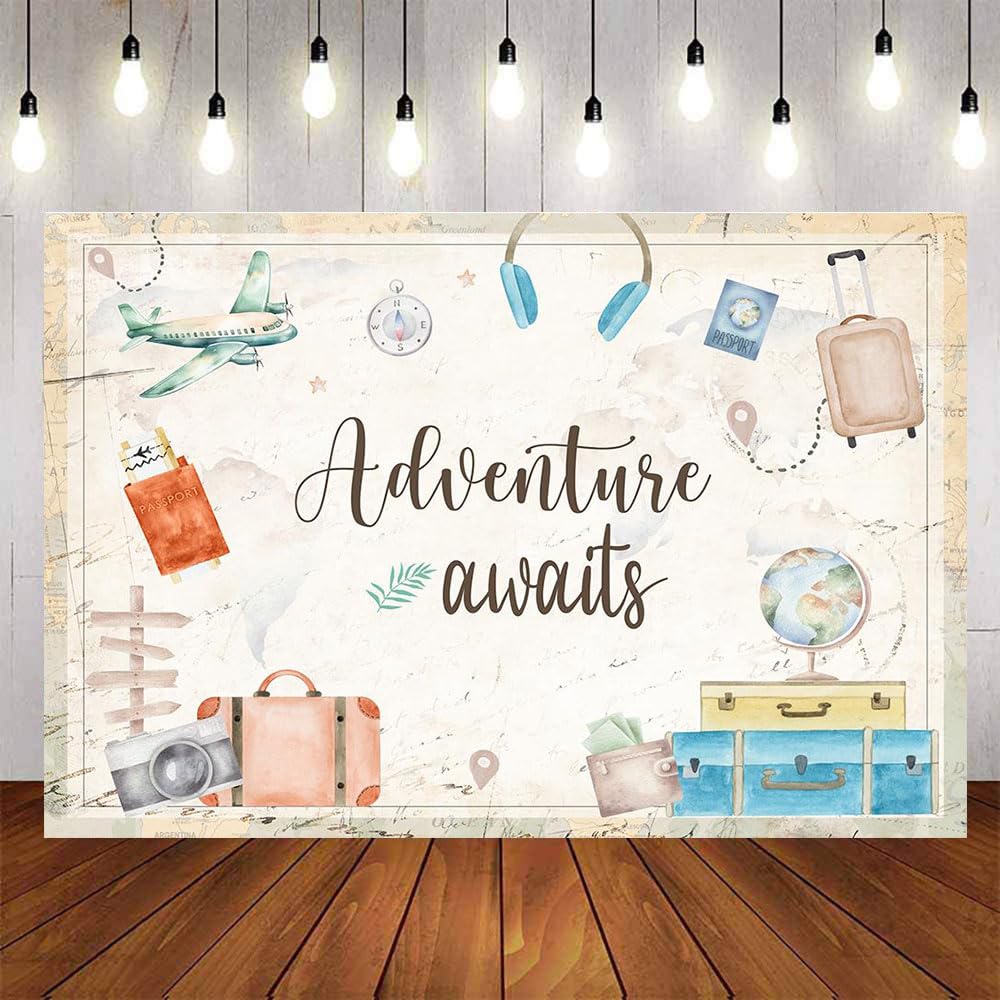 Aumeko Adventure Awaits Travel Birthday Party Backdrop Around The World Vintage Map Passport Background Aboard Airline Travel Themed Birthday