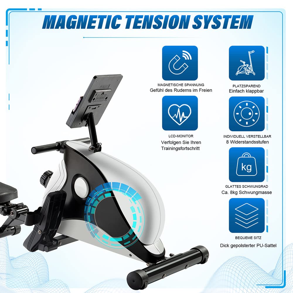 Vogatore Domestico Regolabile per La Casa,Vogatore Magnetico,8 Livelli di Resistenza,con Monitor LCD Silent Rower,Doppi Scivoli in Alluminio,Fino A 110Kg,Fitness Attrezzi Casa.