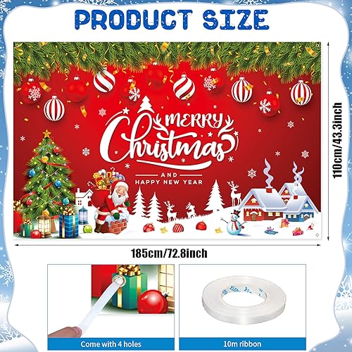 Christmas Banner Decorations Red Merry Christmas and Happy New Year Backdrop Banner Santa Claus Snowman Elk Extra Large Xmas Sign Garage Wall Hanging Poster Photo Background Party Decor - Image 2