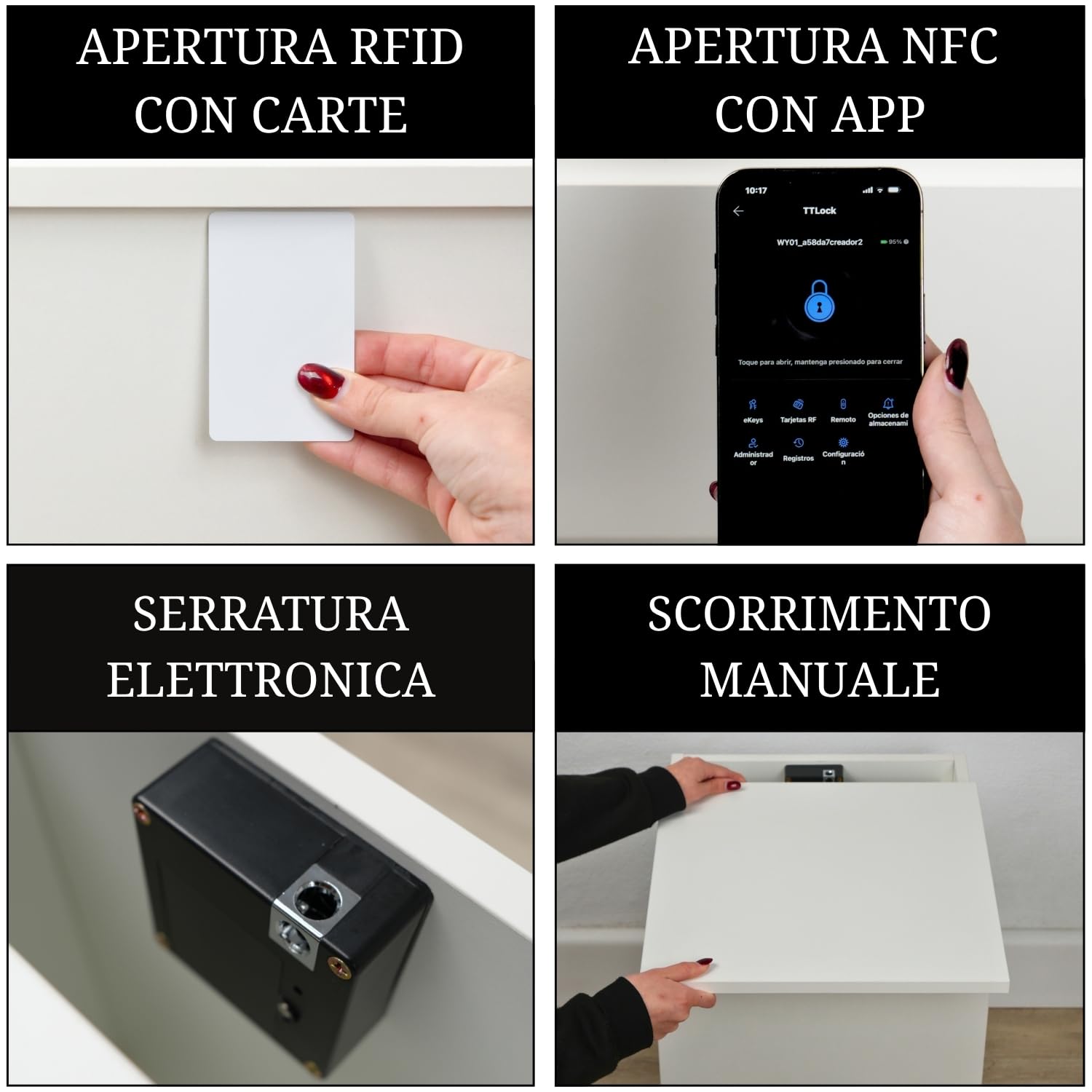 Cassettiera con due scomparti segreti, uno con serratura RFID, mobile cassaforte mimetico