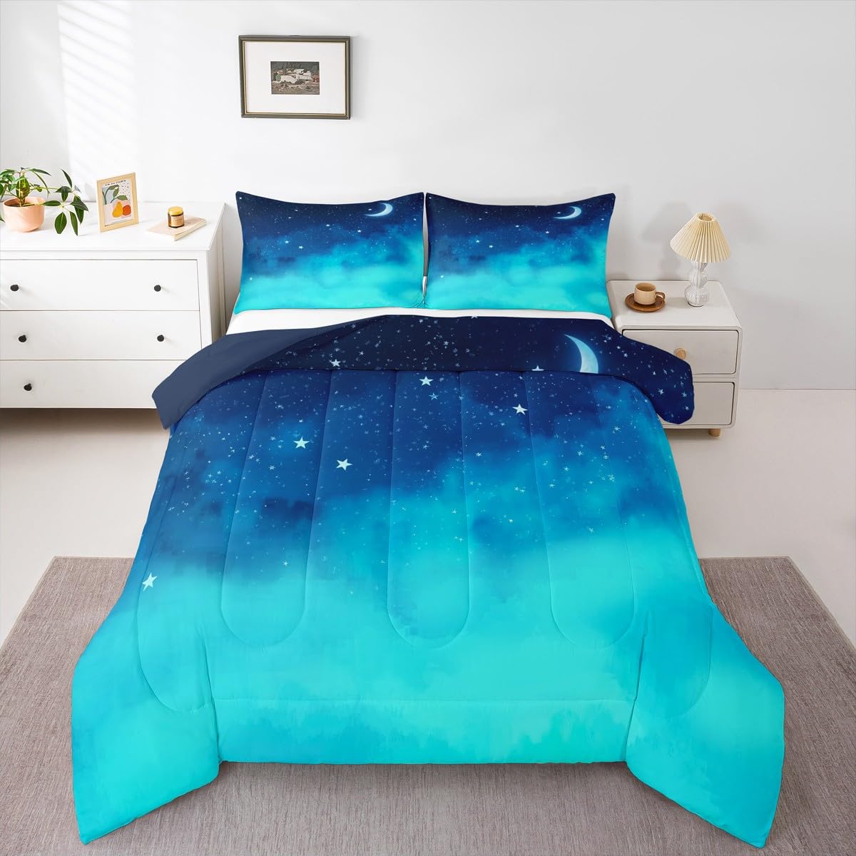 Galaxy Comforter Set Full,3 Piece Star Moon Bedding Set for Toddler,Kawaii Aesthetic Bed Set Star Space Down Comforter,Soft Reversible Starry Sky