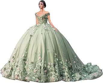 XYAYE Off Shoulder Quinceanera Dress - Puffy Lace Ball Gown With Train For Sweet 16